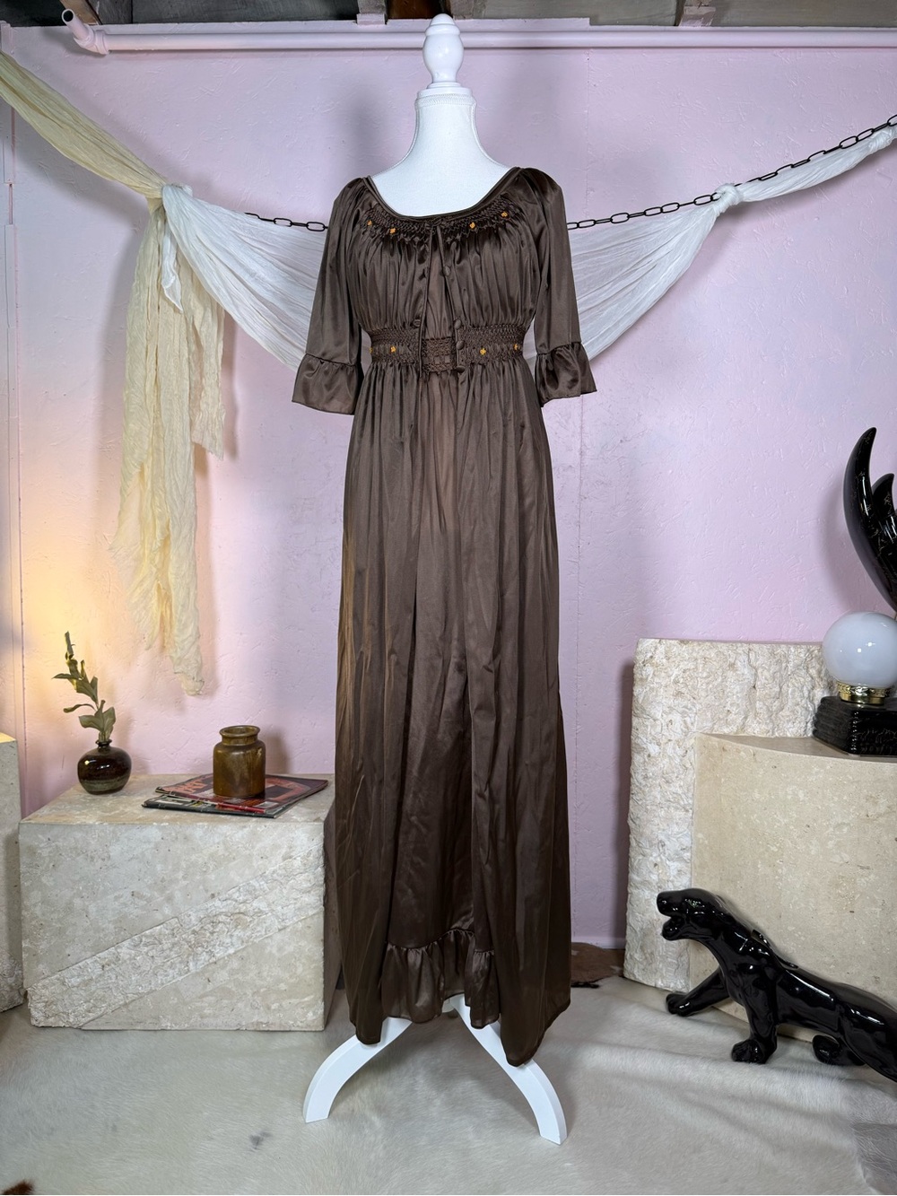 Vintage Brown Satin Two-Piece Nightgown & Robe Set Maxi